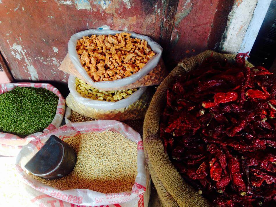 bags of spices, dried chilies and lentils