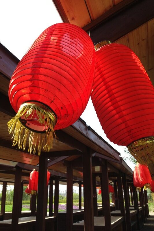 red lanterns hanging from the building