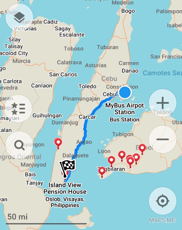 The journey from Cebu City to Oslob (map)