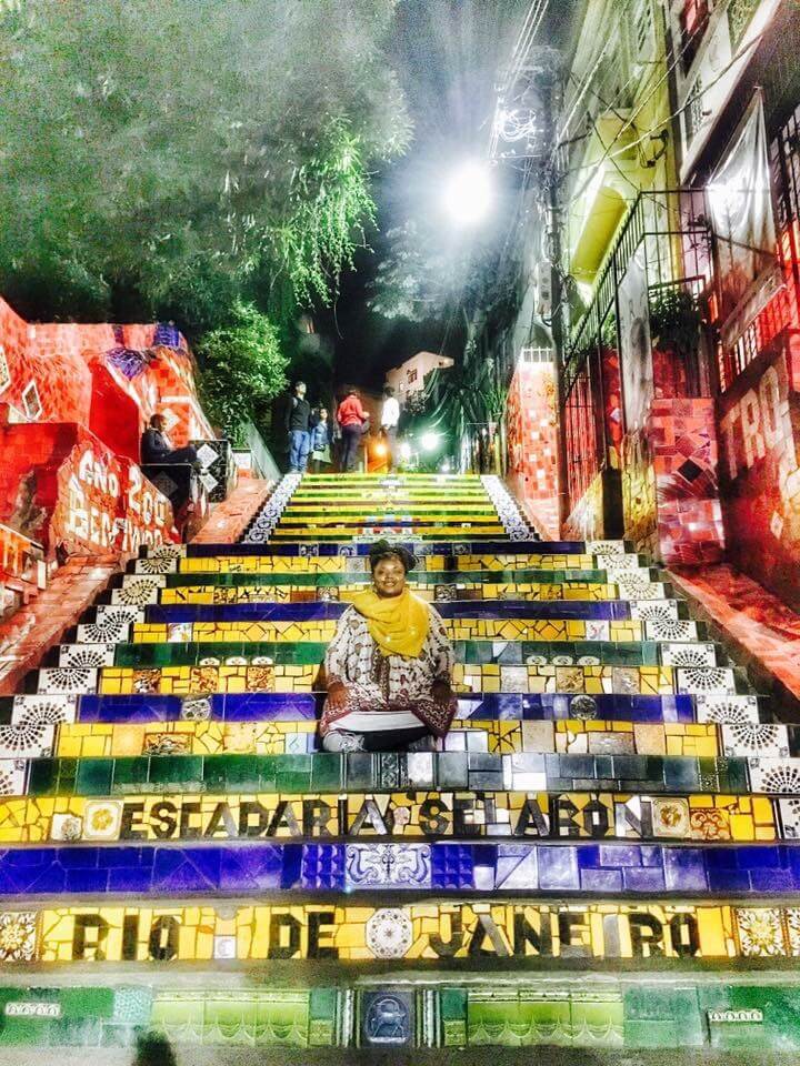 Meredtih San Diego poised on the famous Selaron steps in Rio de Janeiro