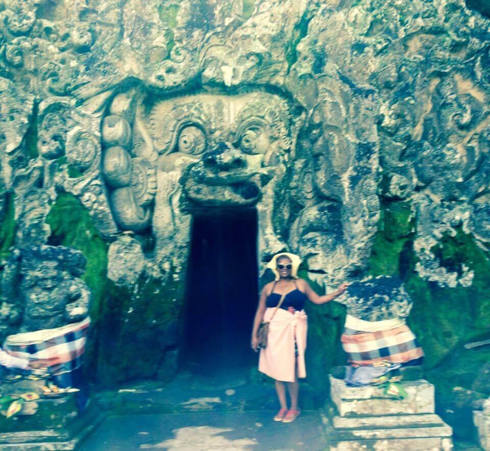 Temple poses in Bali, Indonesia during the Bag Lady early days