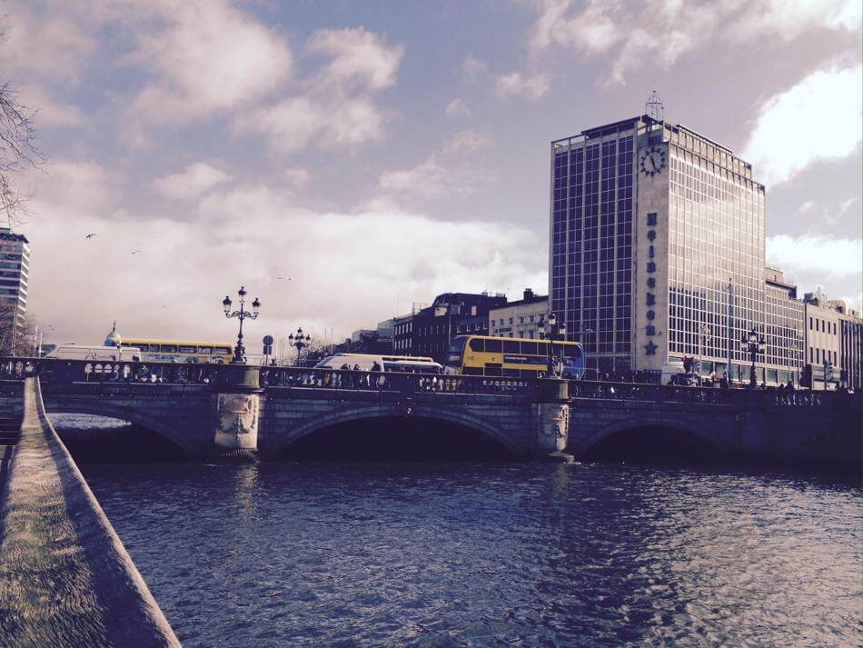 heart of dublin city with bridge and water in foreground