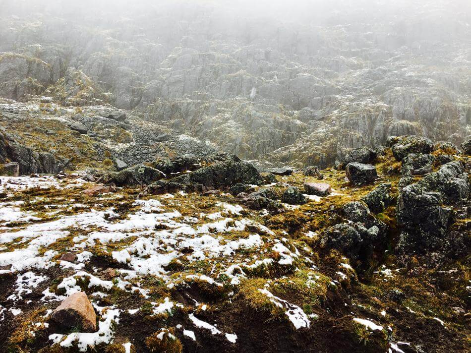 Snowfall unavoidable at such heights along the Lares Trek in Peru.